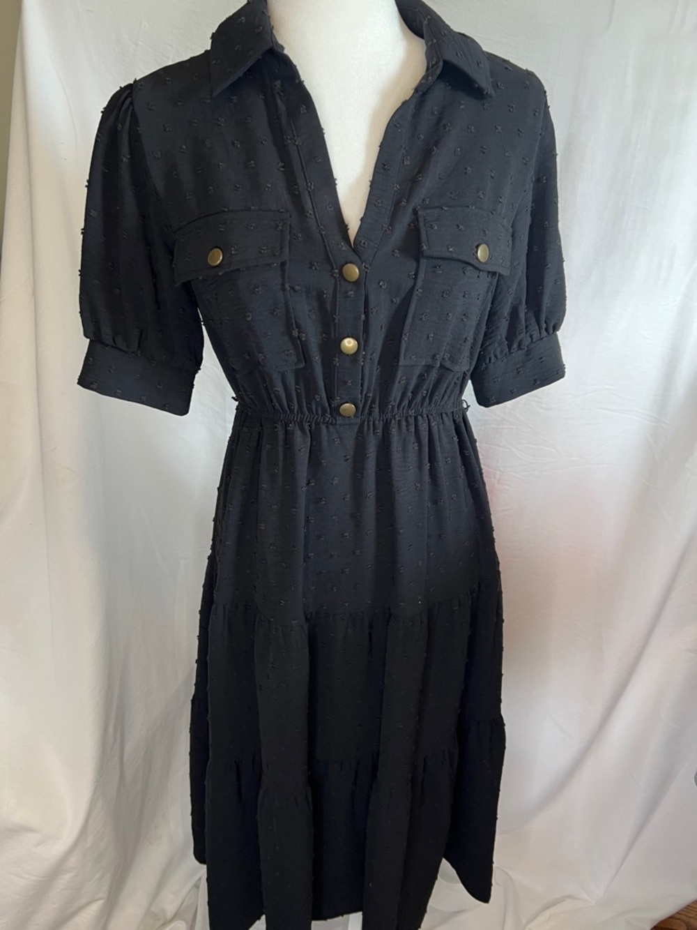 Stella & Julie Black Textured Midi Dress with Puff Sleeves and Button Placket